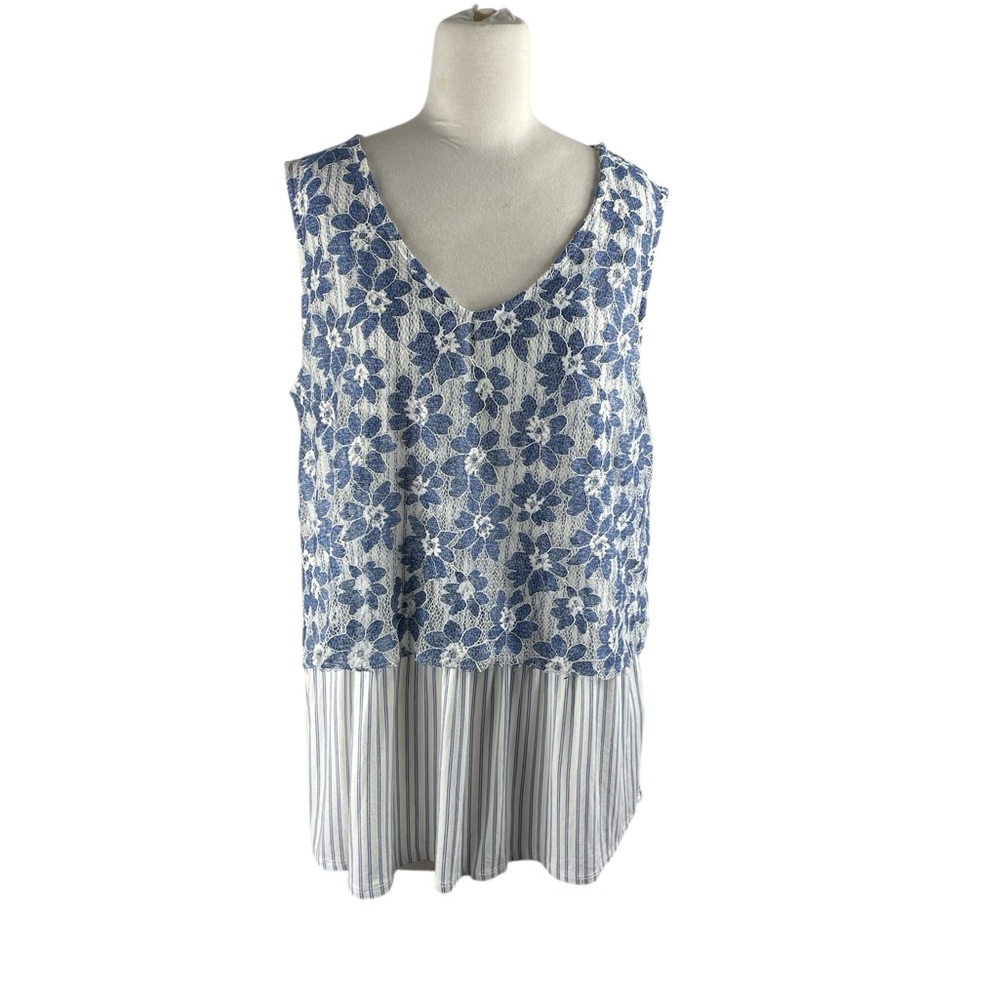 Roz & Ali Blue Floral Women's Crochet look‎ layered Tank Top, Size XL